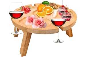 Jognee Folding Wooden Table & Picnic Wine, Outdoor Foldable Beach Table with Red Wine Glass Holder, for Garden, Travel, Camping