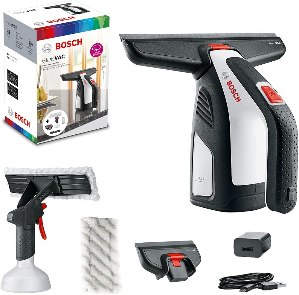 Bosch Home And Garden Akülü Pencere Temizleyici, Glassvac Cam Temizleyici, Premium Paket, Pencere, Ayna ve Duş Temizliği için, Çalışma Süresi Yaklaşık 35 Pencere, Karton Kutuda Siyah/Beyaz