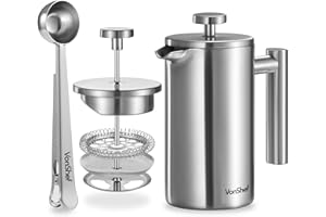 VonShef 3 Cup Cafetiere, Stainless Steel 350ml Double Walled French Press with Measuring Spoon/Bag Seal, Dishwasher Safe Filter Coffee Maker with Plunger