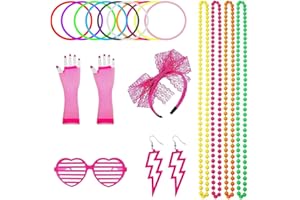 Widamin 80s Accessories for Women, 18Pcs 80s Fancy Party Costume Accessories Set, with Necklace Earrings Fishnet Gloves Glasses Hair Hoop for 1980s Retro Theme Party