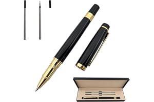 Accod Comfortable Grip Metal Rollerball Pen Business Signature Pen Fluent Writing Pen with Two 0.5mm Replacement Black Refills Gift Pen Premium Gift Box (Black)
