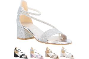 SIRRI Girls Block Heel Communion Sandals with Sparkling Crossover Straps - Elegant Shoes for Special Events