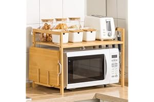 Vinteky Soporte Microondas de Madera, Estante para Horno de Microondas, Estante de Cocina de 2 Niveles con 4 Ganchos, Estantería Cocina Altura Ajustable (Natural)