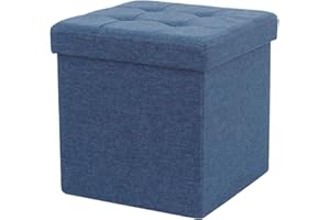 D&D Quality Puff Almacenaje Plegable, Asiento Acolchado, 38 x 38 x 38 cm - Exterior Tapizado Estilo Lino - Caja Almacenamiento Cuadrada (Azul Marino)