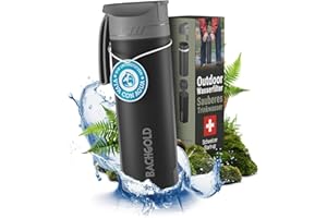 Bachgold Gourde Filtrante eau non potable 500ml,capacité de filtration 2000L I Élimine 99,99 % des bactéries,filtre microplastiques et chlore I Fiable en situation de blackout et de crise, Noir 500ml
