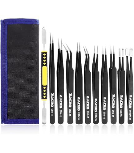 SeKi ESD Pinzetten Set 10 Stück inkl. Tasche; Pinzette für Reparatur, Laborarbeit, Modellbau; Antistatisch; Präzisionspinzetten rostfrei, anti-magnetisch, elektrisch ableitend