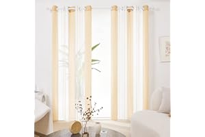 Deconovo - Tende Soggiorno e Camera da Letto Semi-Trasparenti 2 Pezzi 270 Altezza, Tenda Finestra Moderne con Occhielli, Modello Bianco+Beige Scuro, 140x270 CM (Larghezza x Altezza)