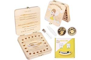 Qetlavee Zahndose Holz＆2stk Zahnfee Münzen,Milchzahndose,Milchzähne Zahnbox mit Pinzette&Wunschflasche,Aufbewahrungsbox für Kinder Zähne,Geschenke für Mädchen&Jungen,Erinnerungsboxen für Babys-Zahnfee