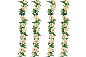 KAIYANER Guirlande de Fleurs Roses Artificielles, Lot de 4 Guirlande de Fleurs Artificielles Deco de Mariage, Fausses Fleurs Guirlande de Vigne Faux Plante Suspendu pour Fête Jardin, Champagne 9.8M