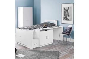 HAPPYBEDS Mid Sleeper with Storage, Happy Beds Cookie White Wood Modern Cabin Bed - 3ft Single (90 x 190 cm) with Orthopaedic Mattress Included