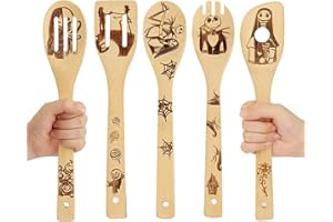 DACESTAR Cucharas de madera únicas para cocinar, Pesadilla antes de Navidad Gadgets, Juego de utensilios de cocina de bambú orgánico antiadherente, Juego de utensilios de cocina para inauguración de la casa
