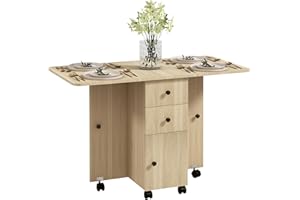 HOMCOM Mesa Plegable de Comedor Mesa de Cocina Plegable con Ruedas Alas Abatibles Cajones y Armario para 4-6 Personas 120x60x76,5 cm Natural