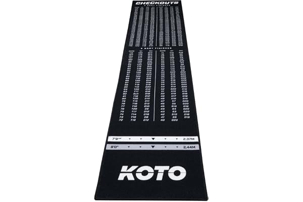 KOTO - Tapis Checkout Noir, 285 x 60 cm + Oche INCL. Indicateur de Score, Tapis de Fléchettes Antidérapant