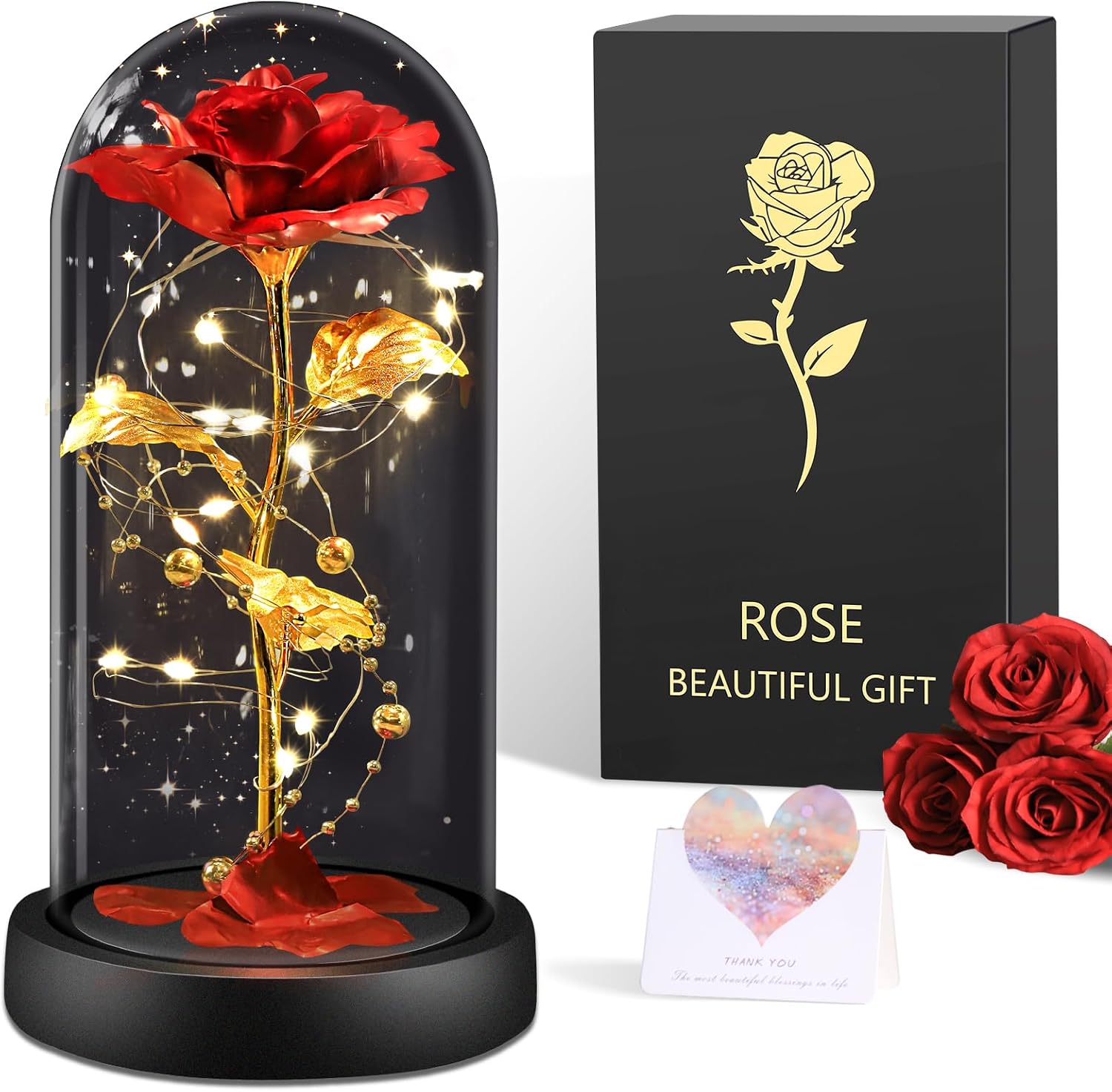 BOLEi Rosa eterna para Ella, Rosa de la Bella y la Bestia, Rosa eterna en Cristal con LED, Boda para Ella, Regalos de cumpleaños para Ella, Regalo de Rosa preservada para Ella, mamá, Abuela