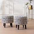 HOME 360 Floral Pattern Printed Fabric & Wooden Ottomans Footstools | 40X40X38 CM | Pouffe for Sitting and Footrest | Furniture for Home Decor | Dressing Table Stool | Living Room | Set of 2 | Blue