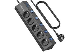 AUOPLUS Steckdosenleiste Einzeln Schaltbar,5 Fach Steckdosenleiste Wandmontage mit 1 USB-C Schnellladegerät (PD 20W) &3 USB Steckerleiste,Mehrfachsteckdose mit Überspannungsschutz (3680W/16A),2M Kabel