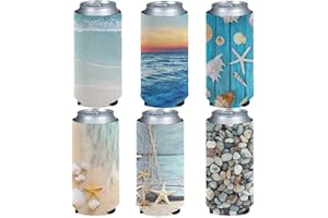 Jeiento Blank Beer Can Coolers 6PACK, Beach Starfish Collapsible Soda Cover Coolies, DIY Personalized Sublimation Sleeves for Weddings, Bachelorette Parties