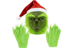 GYTFOG The Green Monster Mask and Gloves,Christmas Mask and Gloves With Red Hat Anime Cosplay,Santa Hat Green Face Christmas,Costume Cosplay Latex Head Mask for Adults