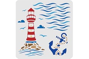 FINGERINSPIRE - Plantillas plásticas reutilizables para dibujar, con diseño náutico de faro, plantillas cuadradas de 30 x 30 cm para pintar en madera, suelo, paredes y azulejos