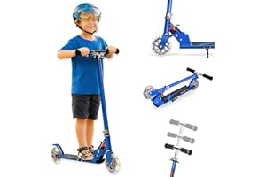 GYMAX Trottinette Enfants 3-7 Ans Pliable, 2 Roues Lumineuses, Hauteur Réglable à 3 Niveaux, avec Béquille, en Aluminium Léger Robuste, Charge Max 70 KG, Roulement Durable ABEC-7
