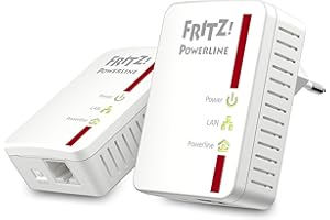 AVM FRITZ! Powerline 510E Kit di 2 Adattatori, Fino a 500 Mbit/s, Porta Fast Ethernet, Plug and Play, Eco Mode, Istruzioni in Italiano, Bianco/Rosso