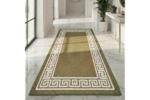 B&B Runner Rug Carpet Protector Heavy Duty Machine Washable Non Slip Long Hallway Carpet Runner Living Room Bedroom Floor Kitchen Mat | 80 X 150 Cm - Greekey Green & Cream