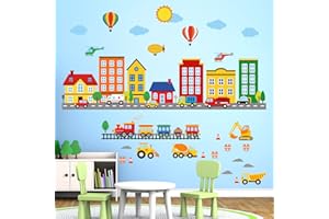 DECOWALL DS-8051 Buildings Transports Kids Wall Stickers Boys Cars air Balloon Decals Peel and Stick Removable for Nursery Bedroom Living Room Playroom
