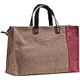 Nestasia Jute Lunch Bag for Office Women (15x10 Inch), Eco-Friendly and Washable Lunch Bags for Men and Women with Vegan Leather Handle, Beige & Red