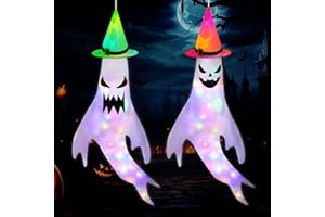 BRSINSE Halloween Deko 2 Stück WindsäCke Geister mit 3m LED Bunt Lichterkette, Halloween Ghost Windsack Flagge Hängende Dekoration für Outdoor, Horror Geister Deko für Garten Hof Fenster Patio