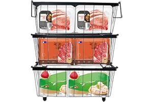 DECHOGA Juego de 3 cestas de almacenamiento rn de alambre metálico, despensa apilable para congelador, cestas de almacenamiento de metal, mango plegable, cesta congeladora antideslizante (37,2 x 18,8 x 14 cm)