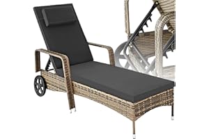 tectake® Chaise Longue Bain de Soleil en Resine Tressee Résistant Inclinable avec Roulettes Transat Salon de jardin exterieur Mobilier de Jardin Chaise Longue Piscine Plage - Marron Naturel/Gris Foncé