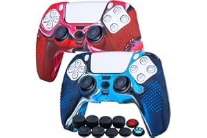 YoRHa Studded Silicone Rubber Gel Customizing Skin Cover for PlayStation 5 PS5 Controller x 2(Camouflage Red+Blue) with Pro Thumb Grips x 10