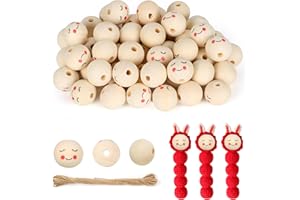 CoKeeSun 60PCS Smile Wooden Beads, 20mm Natural Wood Round Ball with Faces, Round Wood Spacer Bead with 4.5mm Holes with 10m Jute String for Macrame Decorations Craft DIY