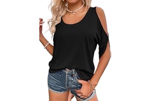 Fisoew - Maglietta da donna con scollo rotondo, con spalle scoperte, maglietta estiva a maniche corte, casual.