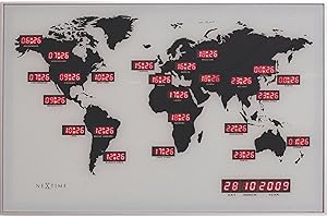 Nextime 2897 World Time Digit Mappamondo con Fusi Orari da Parete [Importato da Unione Europea e Regno Unito], multicolore, alluminio