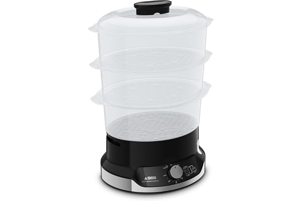 Seb Ultracompact Cuiseur vapeur, Cuisson saine, 9 L, 800 W, 3 bols empilables, Bac à riz et céréales, Minuteur 60 min, Arrêt automatique, Niveau d'eau visible, Facile à ranger VC204800