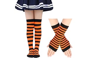 EQLEF Calcetines Altos de Rodilla Rayados para Niñas 6-10 Años, Calcetines de Rodilla Niñas con Guantes Largos sin Dedos Disfraz Calcetine Altos de Muslo para Navidad Fiesta