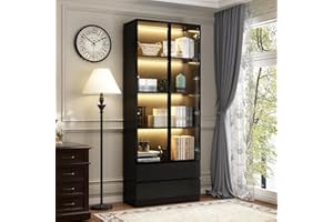 DEZAGCE Armadio con ante in vetro, per soggiorno, camera da letto, sala da pranzo, ufficio, cucina, 80 x 36 x 200 cm, MDF, nero