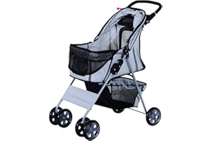 PawHut Poussette buggy pliable animaux chariot pliante chien chat porte-gobelet panier de rangement inclus roues avec frein tissu 600D Oxford acier 75 x 45 x 97 cm gris