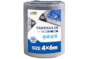 Covall Tarpaulin Light-Duty Tarp Groundsheet Sheet Cover 4x6m Waterproof 65g/m² Silver&Blue tarpaulin with eyelets Weatherproof Windproof UV-Resistant for Car Truck Rv House Tent Boat Pool