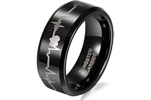 JewelryWe Schmuck Breit 6/8mm Wolfram Wolframcarbid Herren Damen Ring Band, Herzen & Herzschlag Partnerringe für Verlobung Hochzeitstag, Schwarz Größe 49 bis 78