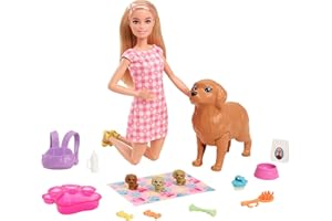 Barbie-Playset Cuccioli Appena Nati con Bambola Barbie Bionda, Cane che Partorisce, 3 Cuccioli e Funzione Cambia Colore e Accessori per Accudirli, Giocattolo per Bambini 3+ Anni, HCK75