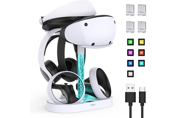 FASTSNAIL Station de Charge pour PlayStation VR2, Support Multifonction pour Casque VR PS5 et manettes Sense, Socle de Recharge avec mémoire de 10 Modes RGB, Rangement Accessoires pour PS5 VR2