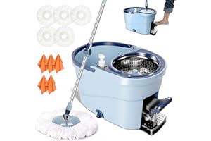 ZVONEMA ZNM Serpillière Seau Essoreur à Pédale, 145cm Serpilleres, Sceau Menage Essoreur avec 5 Tampons Microfibres Réutilisables, Rotatif à 360° Balais Nettoyer Sol, avec 5 Chiffons de Nettoyage, Bleu