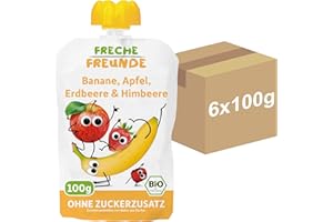 ‎FRECHE FREUNDE FRECHE FREUNDE Bio Quetschie Banane, Apfel, Erdbeere & Himbeere, Fruchtmus mit Obst im Quetschbeutel für Babys ab dem 6. Monat, vegan, 6er Pack (6 x 100g)