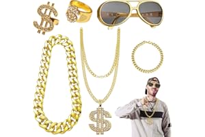 ASANMU Strój męski z lat 80. XX wieku, zestaw 6 kostiumów hip-hopowych, biżuteria gangsterska, łańcuszek i pierścionek, okulary 80/90., akcesoria raperskie, strój męski, kostium na karnawał, imprezę