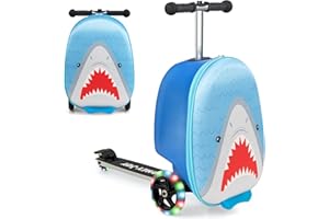 GOPLUS 2 in 1 Kinderkoffer mit Roller, 26 Zoll Reisegepäck mit Eva-Gehäuse & blinkenden LED-Rädern, Klappbarer Scooter mit einziehbarem Lenker für Kinder ab 5 Jahre alt (Hai)