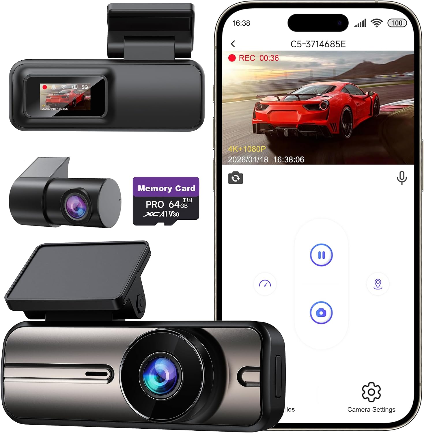 Dash Cam Front and Rear 4K+1080P, 5GHz WiFi, Dual Dashcam with 64GB Card, App Control, G-Sensor Emergency Recording, Loop Recording, 24H Parking Mode Supports, Dash Camera for Cars