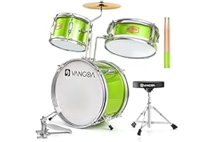 Vangoa Schlagzeug Set Akustisches für Anfänger 13'' Drum Kits 3 teiliges Junior Drum Schlagzeug Set mit Snare, Tom, Bass Drum, Bass Drum Pedal, Throne, Becken und Drumsticks, Grün