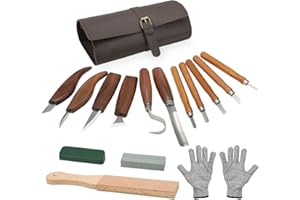 VIHBRAI Juego de 16 herramientas para tallar madera con acabado profesional, incluye 11 cuchillos para tallar, funda de piel, piedra de afilar y accesorios de seguridad (guantes de protección contra cortes +